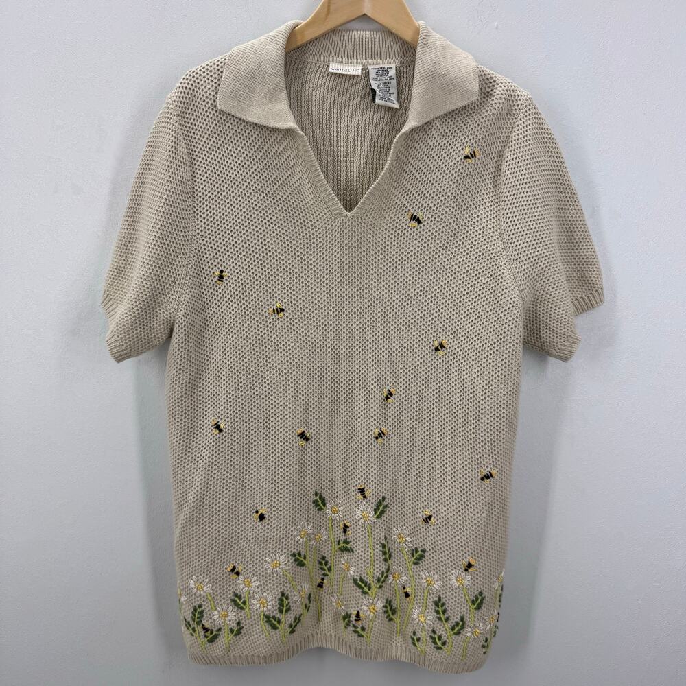 VTG WHITE STAG Plus Short Sleeve Sweater Floral Bees Embroidered Springs 18W/20W